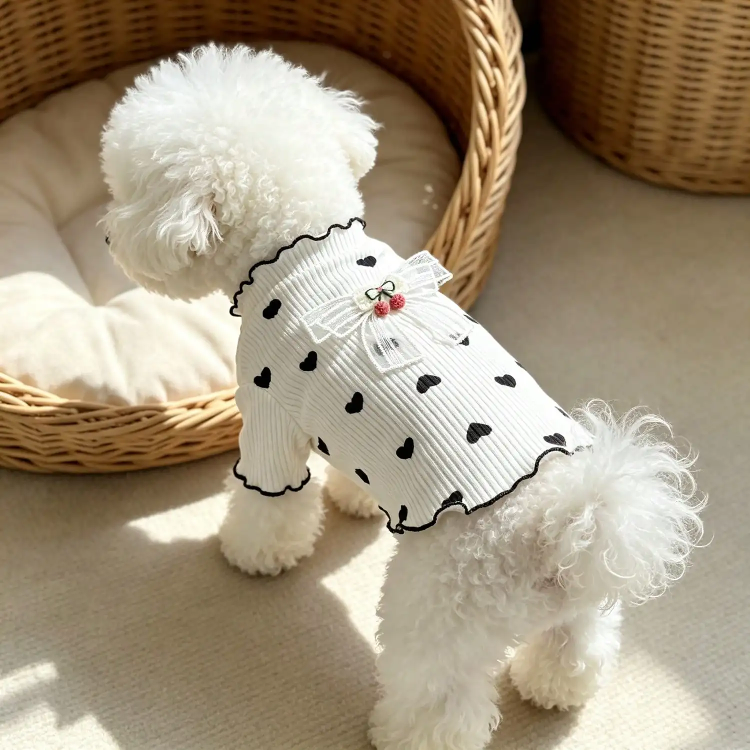 1 Stück Haustier-Hundetop mit Herz-Print, Rüschenbesatz, niedlicher Netzschleife und Kirschdekoration, Pullover-Shirt, weiche Strickkleidung – Detail 16