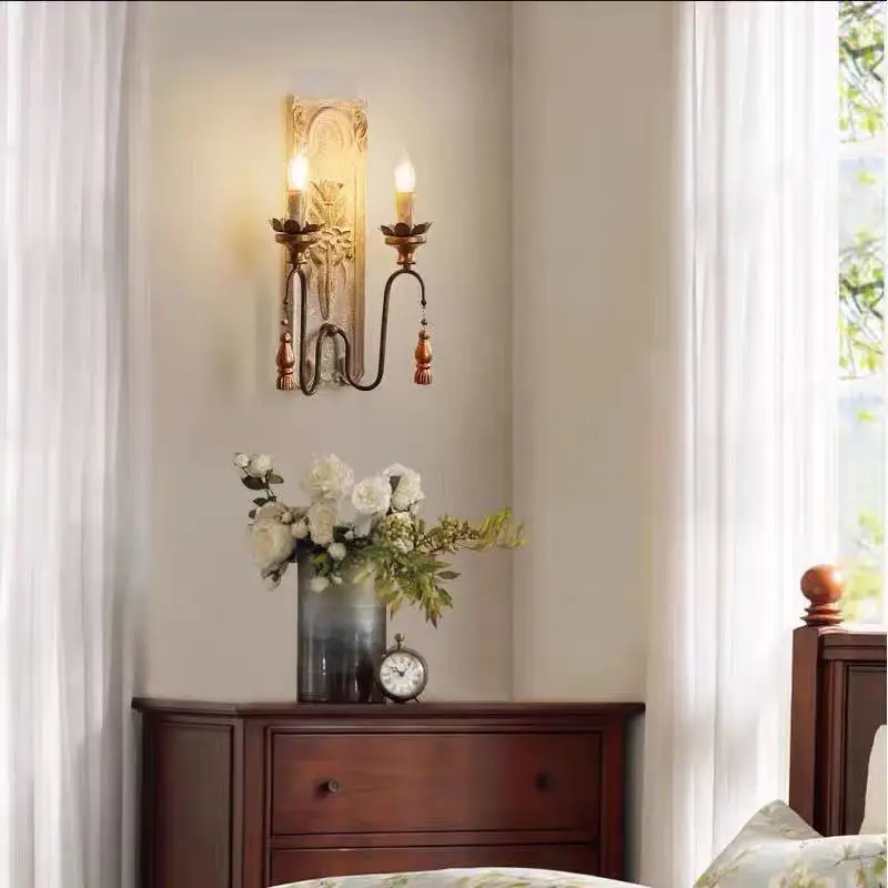 Rural French solid wood carving retro and old wall lamp