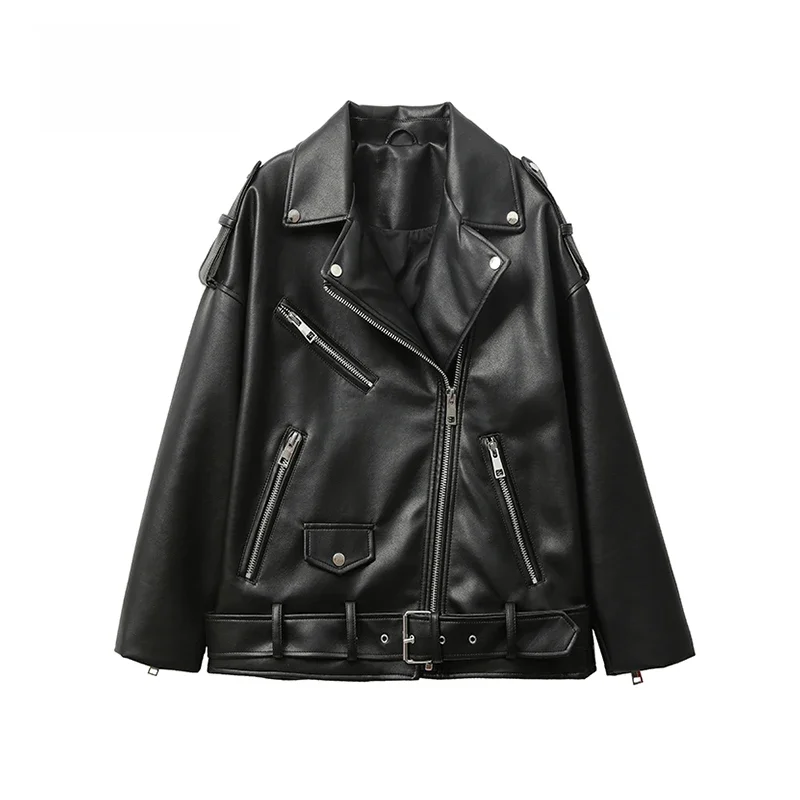 2024 New Women's motorcycle leather PU imitation leather loose jacket black jacket