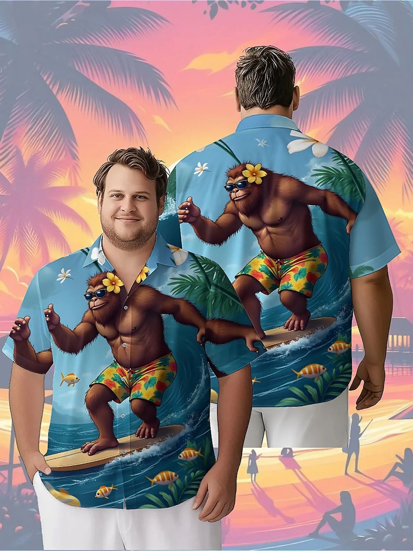 Men's Plus Size Hawaiian Shirts Sasquatch Tropical Surfing Adventure pattern,Unisex Baggy Aloha Shirts, Alternative Clothing