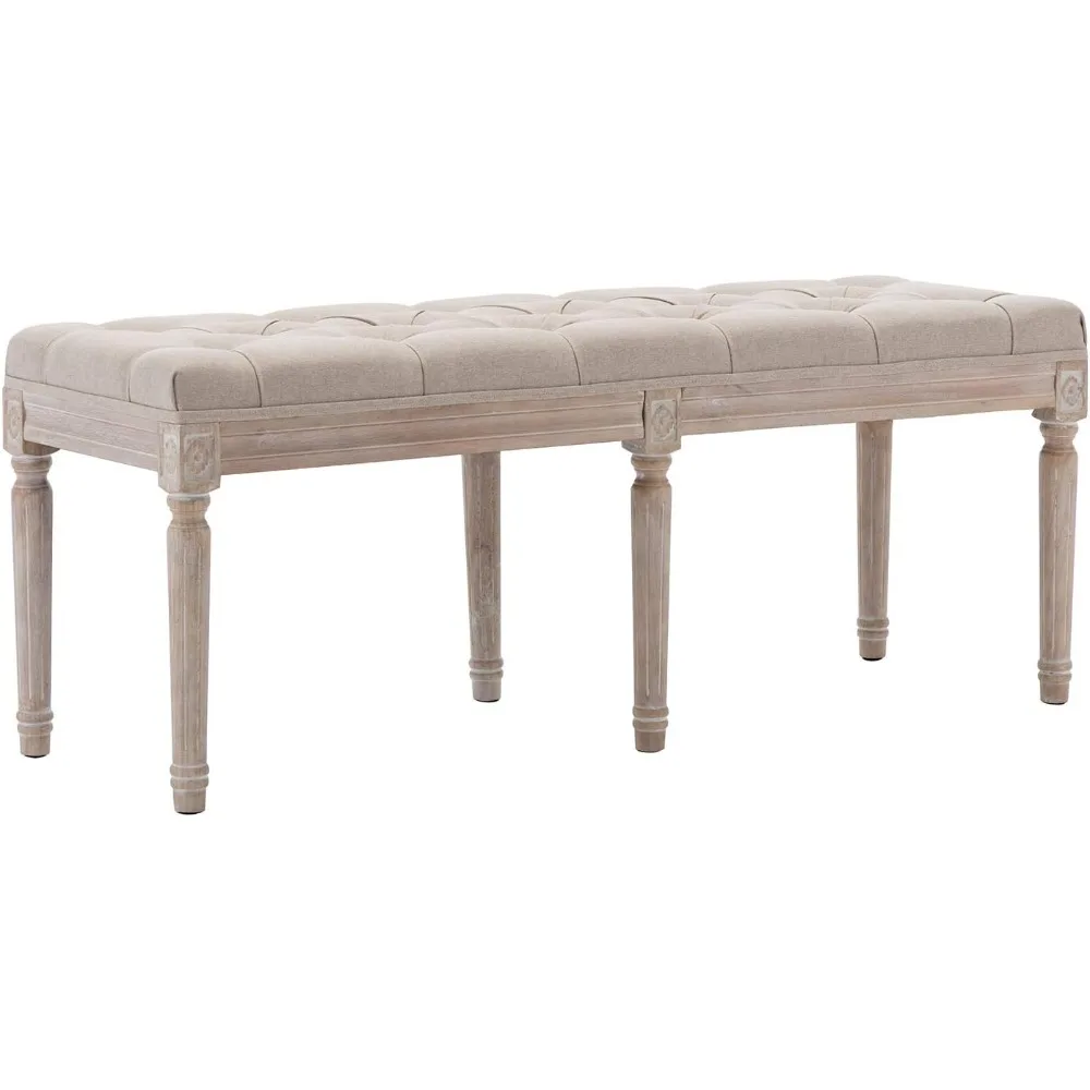

45.3" Upholstered Dining Room Bench, Rustic Living Room Ottoman Bench with Carved Pattern & Rustic White Brushed Rubber Woo
