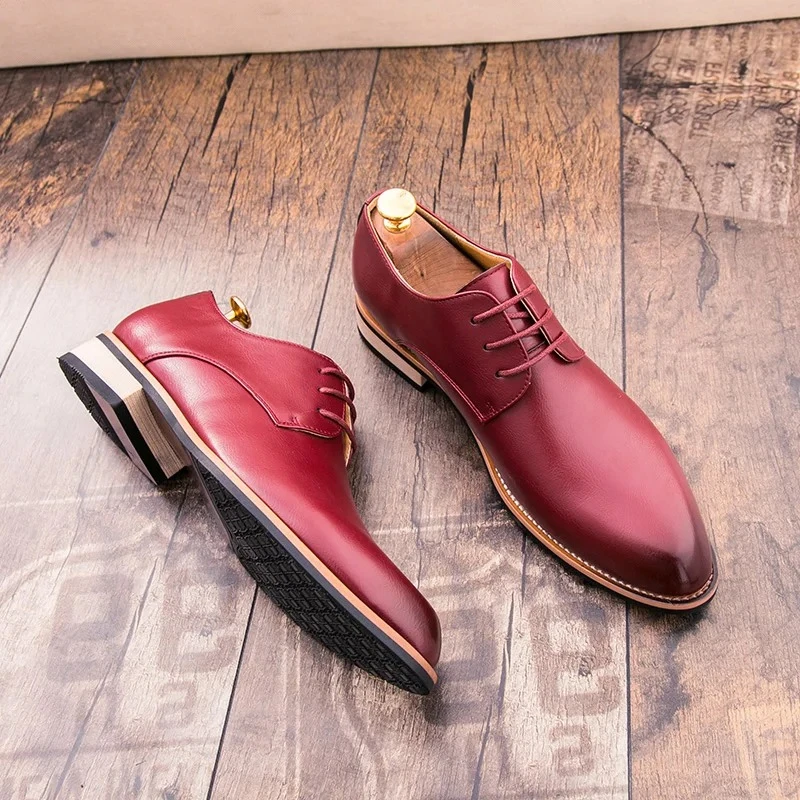 Retro Men's Red Leather Groom's Dress Shoes English Style Pointed Business Tie Casual Shoes Spring Summer Commuting Shoe for Man