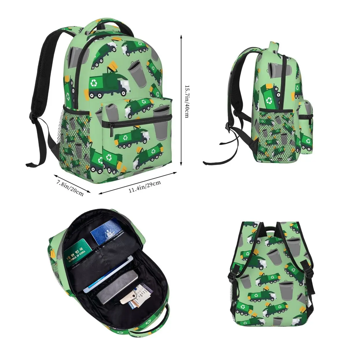 Recycling Garbage Truck Backpacks Boys Girls Bookbag Children School Bags Cartoon Rucksack Lunch Bag Pen Bag Three-Piece Set