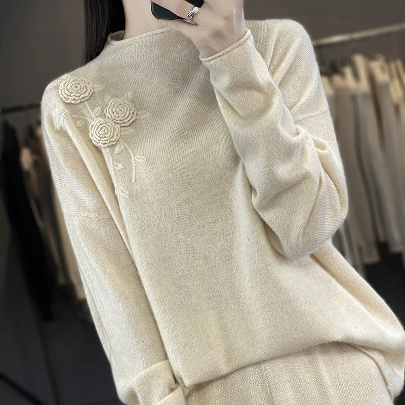 Cashmere Sweater for Women, Half-neck, 100% Pure Cashmere, Hand-embroidered Flower, Joker Bottoming Shirt, Autumn and Winter, Ne