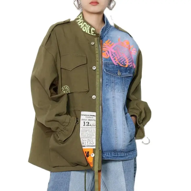 

2024 Spring and Autumn New Printed Jacket Fashion Joker Loose Splicing Contrast Denim Stand-neck Casual Jacket Female Tide.