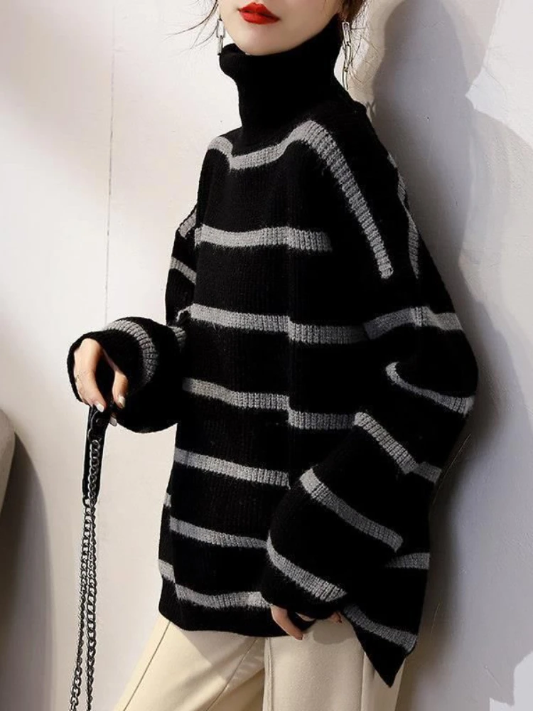 2024 Winter Fashion New Women\'s Elegant Retro Knitted Hoodie High Neck Casual Warm Long Sleeve Color Blocked Striped Top Jumper