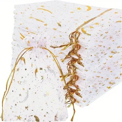 50PCS White Moon Stars Drawstring Organza Bags Jewelry Gift Bags Pouches Gold Star Organza Favor Pouches for Christmas Wedding