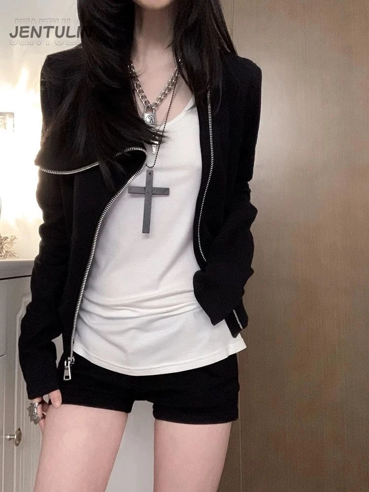 Dark Gothic Diagonal Y2K Zip Up Sweatshirt High Collar Slim Fit Cropped Jacket Grunge Alt Streetwear Women Winter Outer Coat