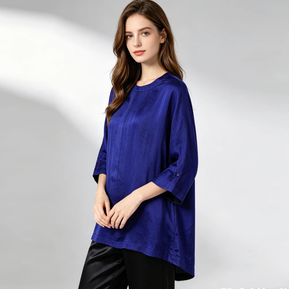 Women's Autumn New 30MM  100% Natural Mulberry Silk Gambiered Guangdong Gauze Treasure Blue Round Neck Batwing Sleeve T-shirt