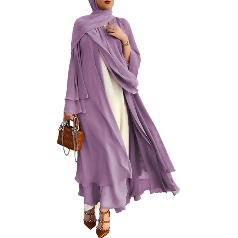 Women Muslim Long Sleeve Flowy Maxi Cardigan Islamic Open Front Kimono Abaya Robe Turkey Kaftan Solid Color Belted Loose Dubai