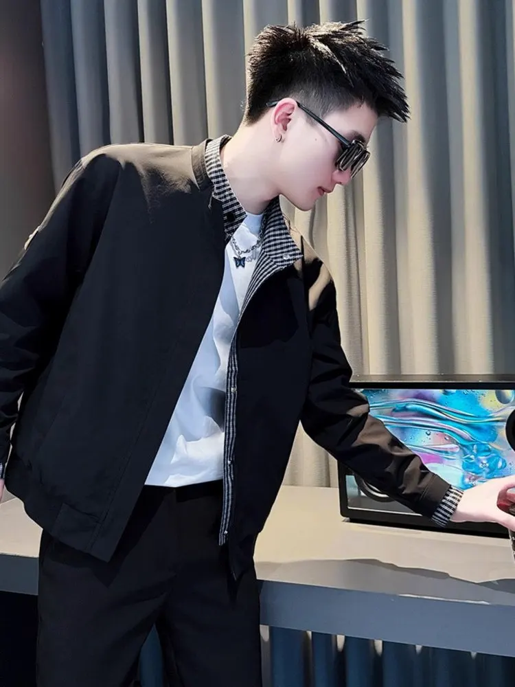 

Men's Stand Collar Jaet Fake Two-Piece Outerwear Spring Autumn New Sle Casual Windproof Long Sve Zipper Closure