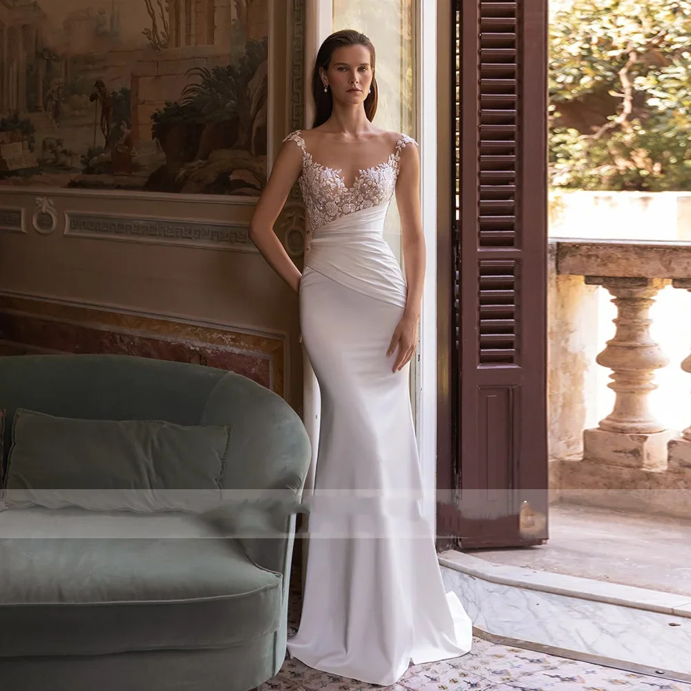 Flavinke カスタマイズされたマーメイドウェディングドレス O ネック キャップスリーブ 取り外し可能なトレーン Vestido De Novia アップリケ サテン製ブライダルドレス