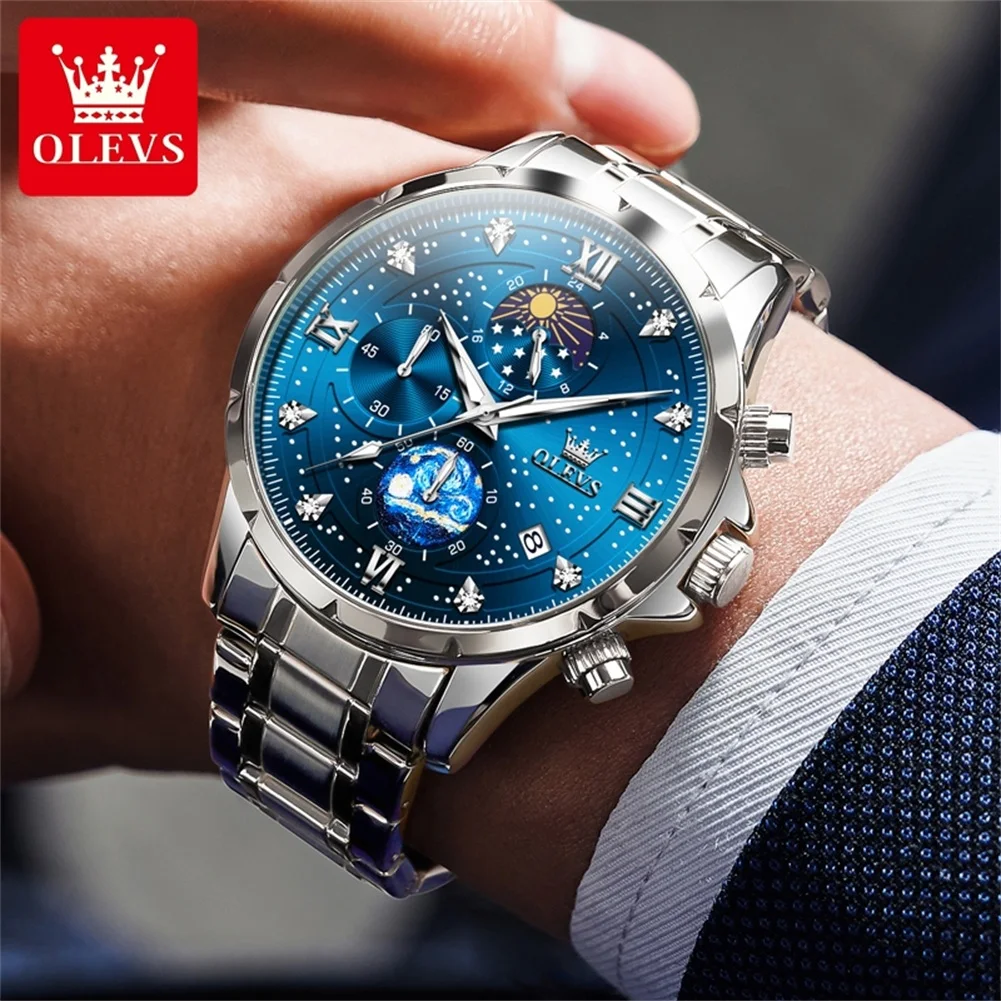 OLEVS TOP Men\'s Watches Fashion Moon Phase Luxury Waterproof Wristwatch Starry Sky Dial Chronograph Original Male Quartz Watch