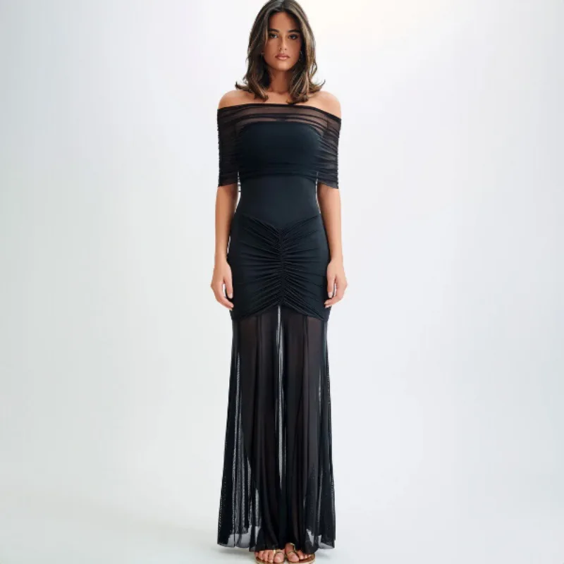 

2024 Autumn Tube Top Pleated Mesh Splicing Dress Set Elegant Sexy Dresses Female Fashion Party Holiday Clothes Lady Vestidos