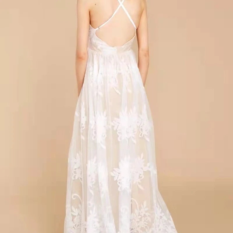 Spring Summer Bridal Wedding Dress Women\'s Lace Mesh Applique Dress Women\'s Sexy V-neck Spaghetti Strap Party Formal Dress