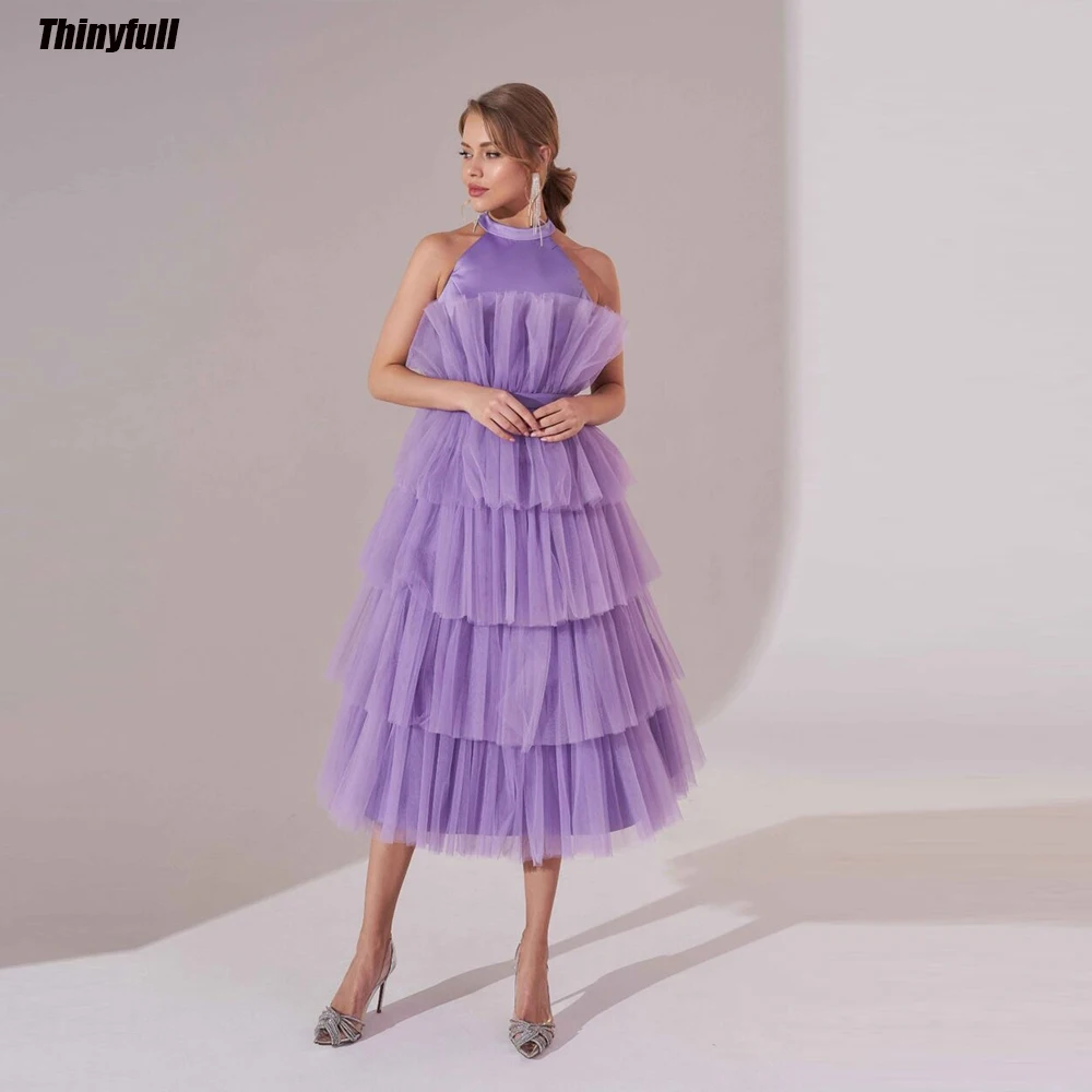 

Thinyfull A-line Tulle/Satin Prom Dresses Sleeveless Tiered Girl Evening Gowns Tea Length Lace Up Formal Birthday Party Dress