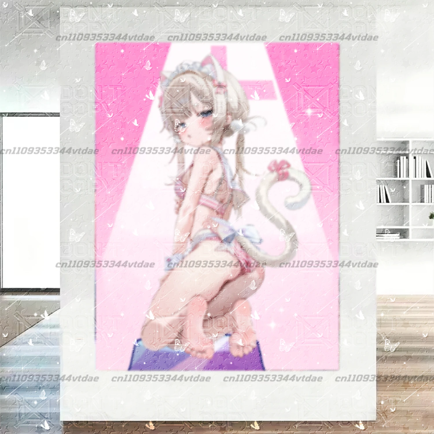 Sweet Pastel Pink Vertical Anime Tapestry Blonde Neko Girl Cat Tail Print Wall Hanging Sofa Dorm Home Decoration
