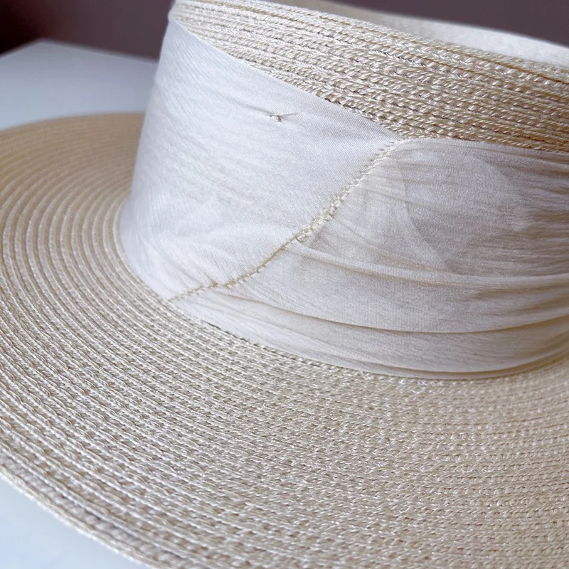 European American Retro Ribbon Wide Brim Hats For Women Elegant Flat Top Fashion Beach Cap Quality Wedding Sombrero Mujer Playa