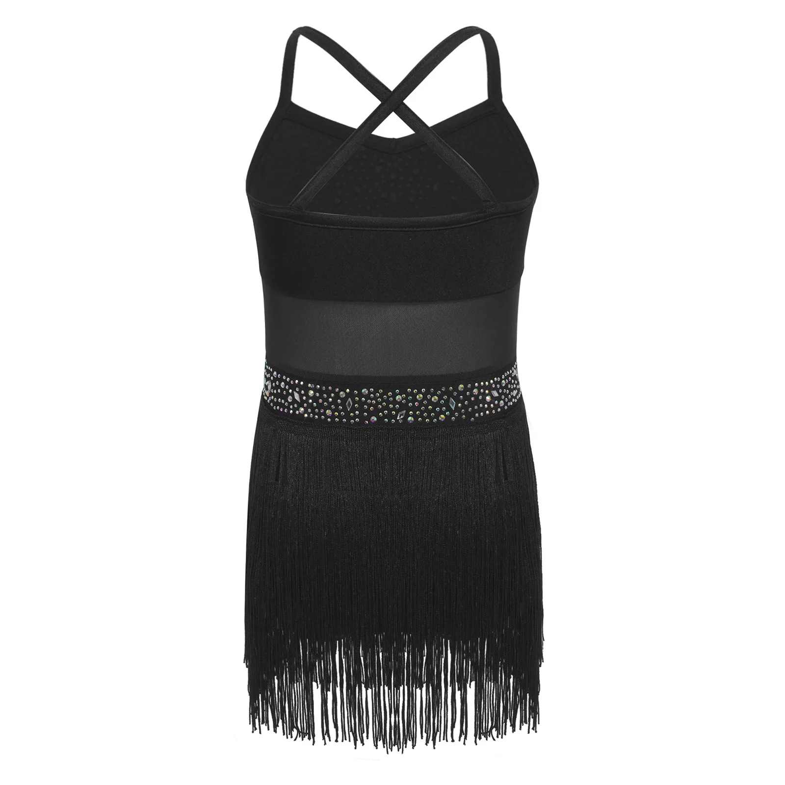 Meisjes Strass Tango Cha-cha Samba Salsa Kostuum Latin Dans Turnpakje Jurk Sheer Mesh Tiered Kwastje Omzoomd bodysuit Jumpsuit