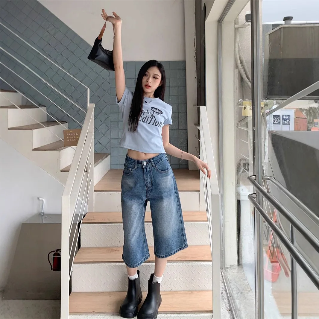 High Waist Straight Leg Capri Jeans for Women Summer Denim Cropped Pants 2025 Loose Fit Slimming Jorts