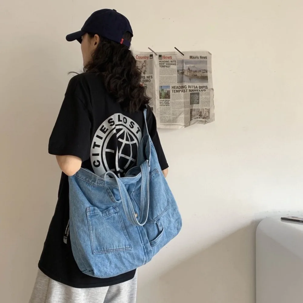 Practical Denim Cloth Casual Handbag Square Shape Zipper Totes Bag Blue Travel Bag Unisex