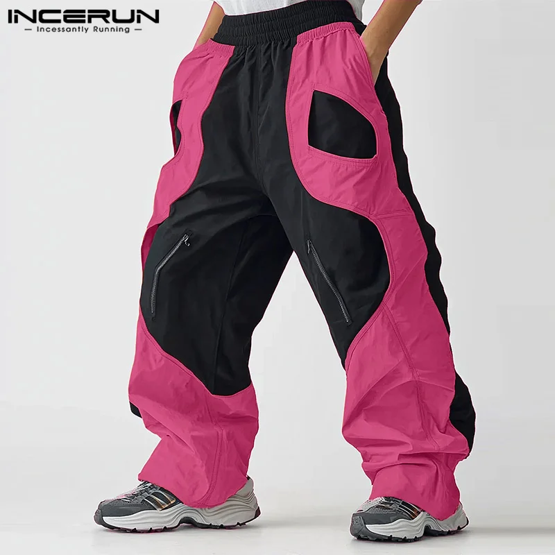 INCERUN American Style Pantalons Casual Men Splicing Color Blocking Design Pant Male City Walk All-match Wide Leg Trousers S-5XL