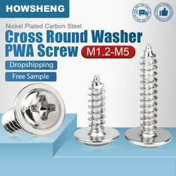 HOWSHENG-Cabeça redonda transversal com arruela, parafuso auto-roscante, parafuso Phillips niquelado, M1.4, M1.7, M2, M2.3, M2.6, M3, M4, M5, 30-200Pcs