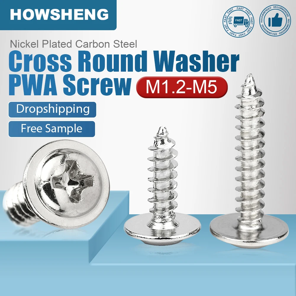 HOWSHENG 30-200pcs Phillips Round Head with Washer Self Tapping Screw M1.4 M1.7 M2 M2.3 M2.6 M3 M4 M5 Nickel Plated Cross Screw