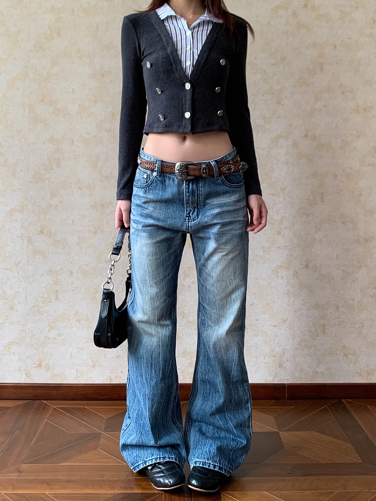 

Джинсовые джинсы Cleanfit с низкой талией, женские свободные длинные брюки с микро-расклешенями, повседневные брюки с американским узором Wa Cra, всесезонные