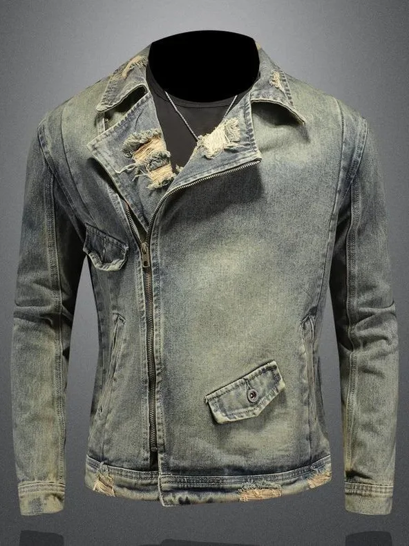 

Retro American Motorcycle Denim Jaet Men's Spring Autumn Waed Hole Zipper Suit Collar Jaet Trendy Brand Haome