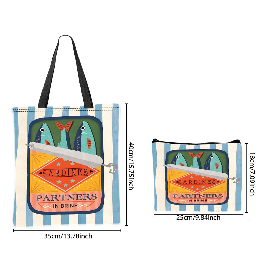 Sardine Partners Graphic Handbag Cosmetic Pouch Combination Bags Retro Marine Colorful Daily Use Shoulder Bag Travel Work Bags