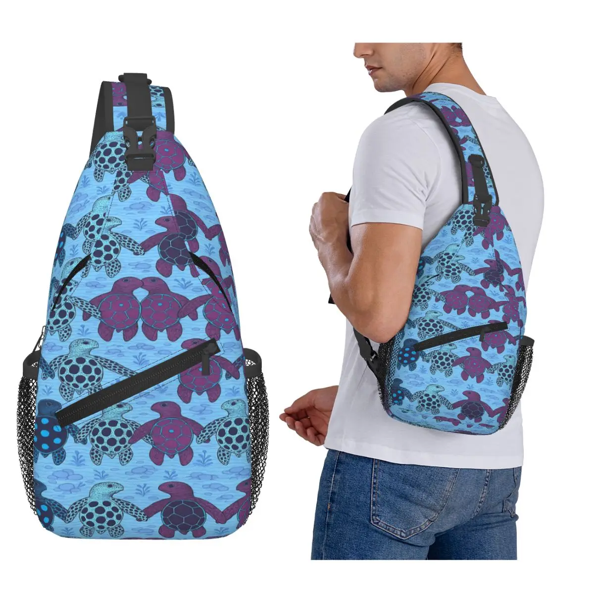 

Sea Turtle Watercolor Blue Chest Bag Men Sling Crossbody Backpack Chest Bag Traveling Hiking Daypack Shoulder Bag
