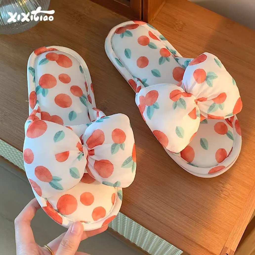 

Cute Orange Bow Floor Slippers for Women All Season Home Use Sweat Absorbent Soft Soled Linen Cotton Slippers