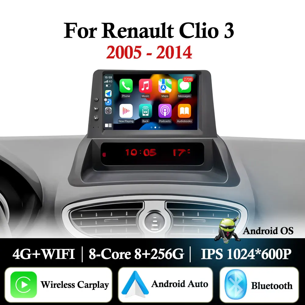 7'' For Renault Clio 3 2005 - 2014 Android 16 Wireless Carplay WiFi+4G Car Radio Multimedia Player GPS Navi BT WiFi DSP Stereo