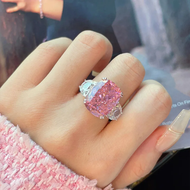 Luxury-Style 925 Sterling Silver Sparkling Long Pillow-shaped Pink Zircon New Minimalist Style Open Ring for Women