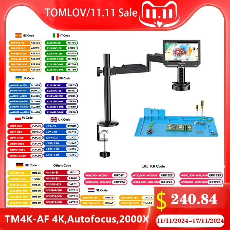 Tomlov 4k Microscópio Digital Autofoco 2000x Tm4k-af Braço Flexível Microscópio de Solda Hdmi Eletrônica Pcb Microscópio de Soldagem