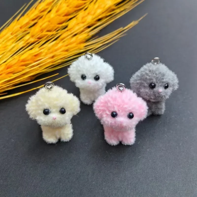 

20Pcs 3D Cute Flocking Standing Dog Doll Charms Cartoon Animal Plush Resin phone Keychain Necklace Bag Earring DlY Jewelry Make