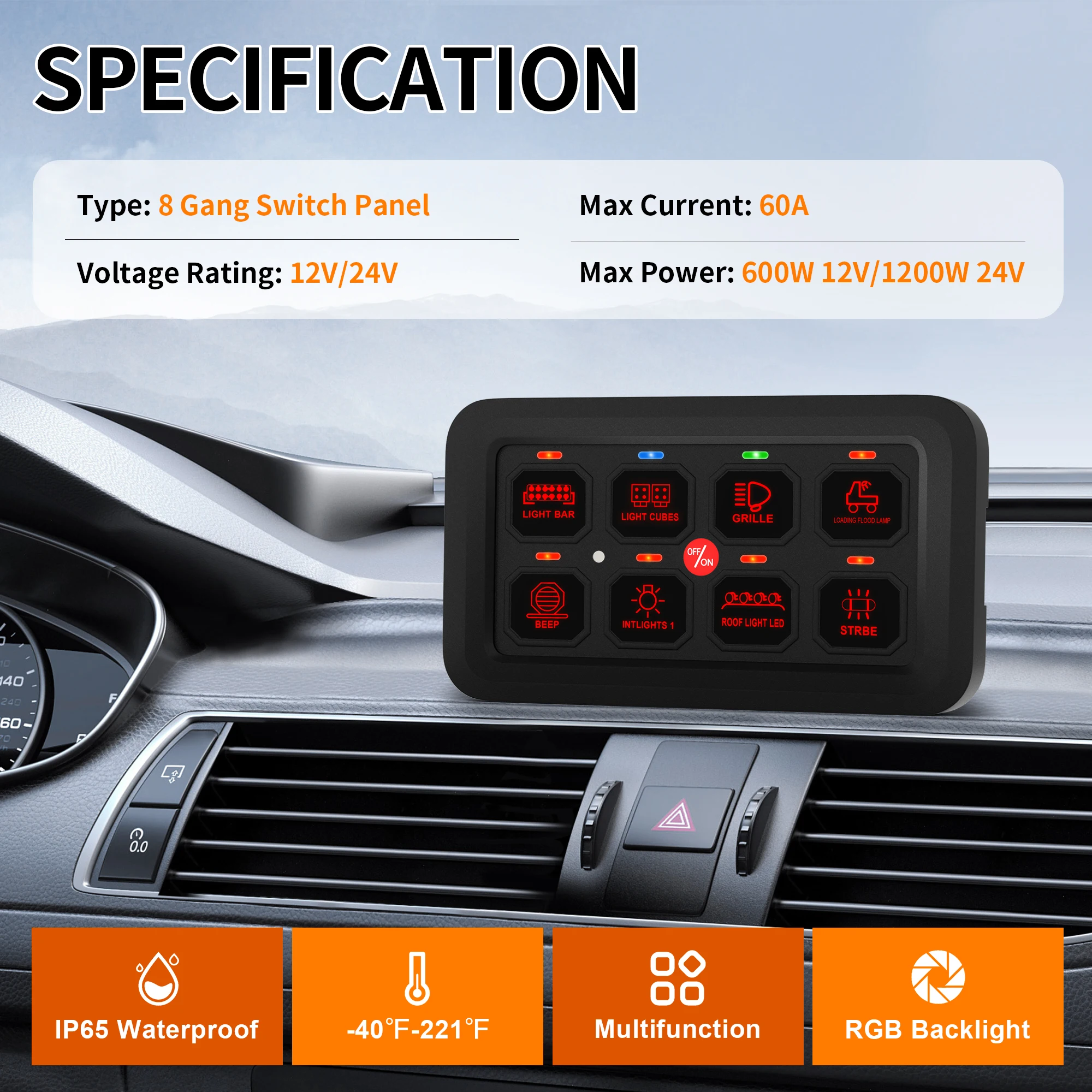 8 Gang Relay System Control Panel Touch Switch Panel Green Led Waterproof with Harness for Car Marine Boat RV