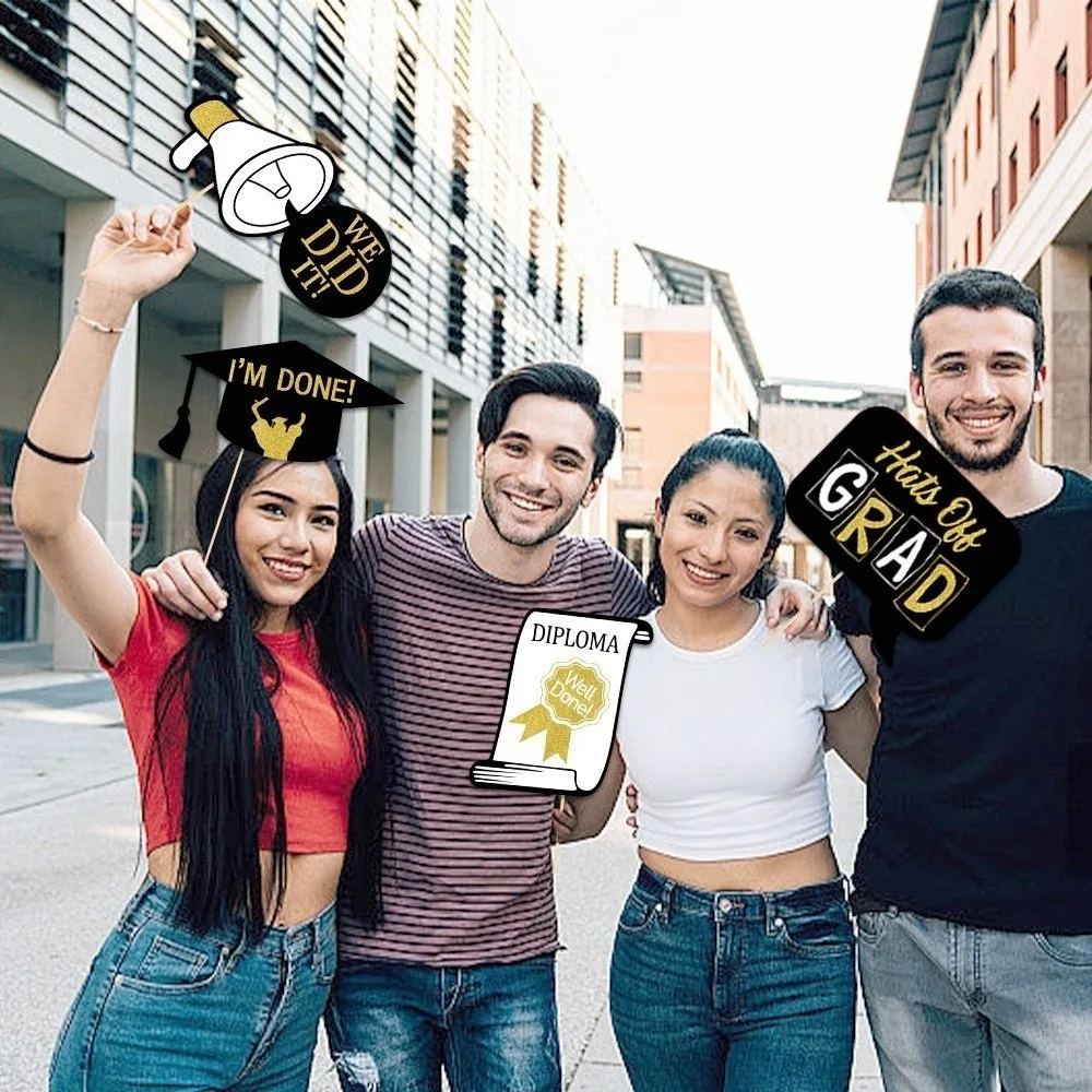 

25pcs Black Golden Graduation Photo Props Class of 2026 Beard Glasses Happy Graduation Decor Festival Mustache Lips