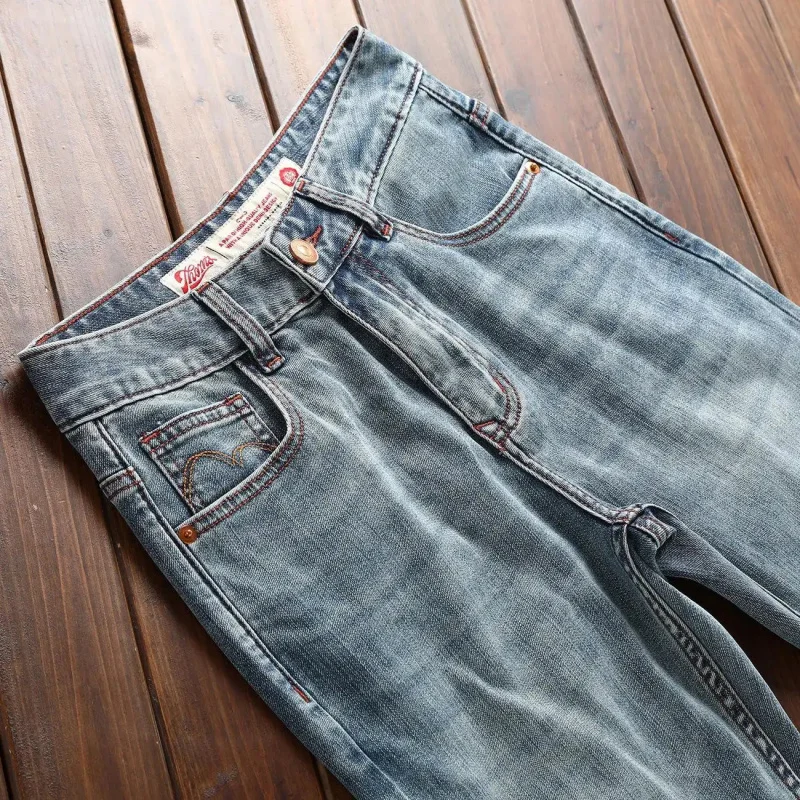 Vintage American Minimalist Denim Jeans for Men Casual Versatile Slim Fit Straight Spring Style Trendy Streetwear High Quality B