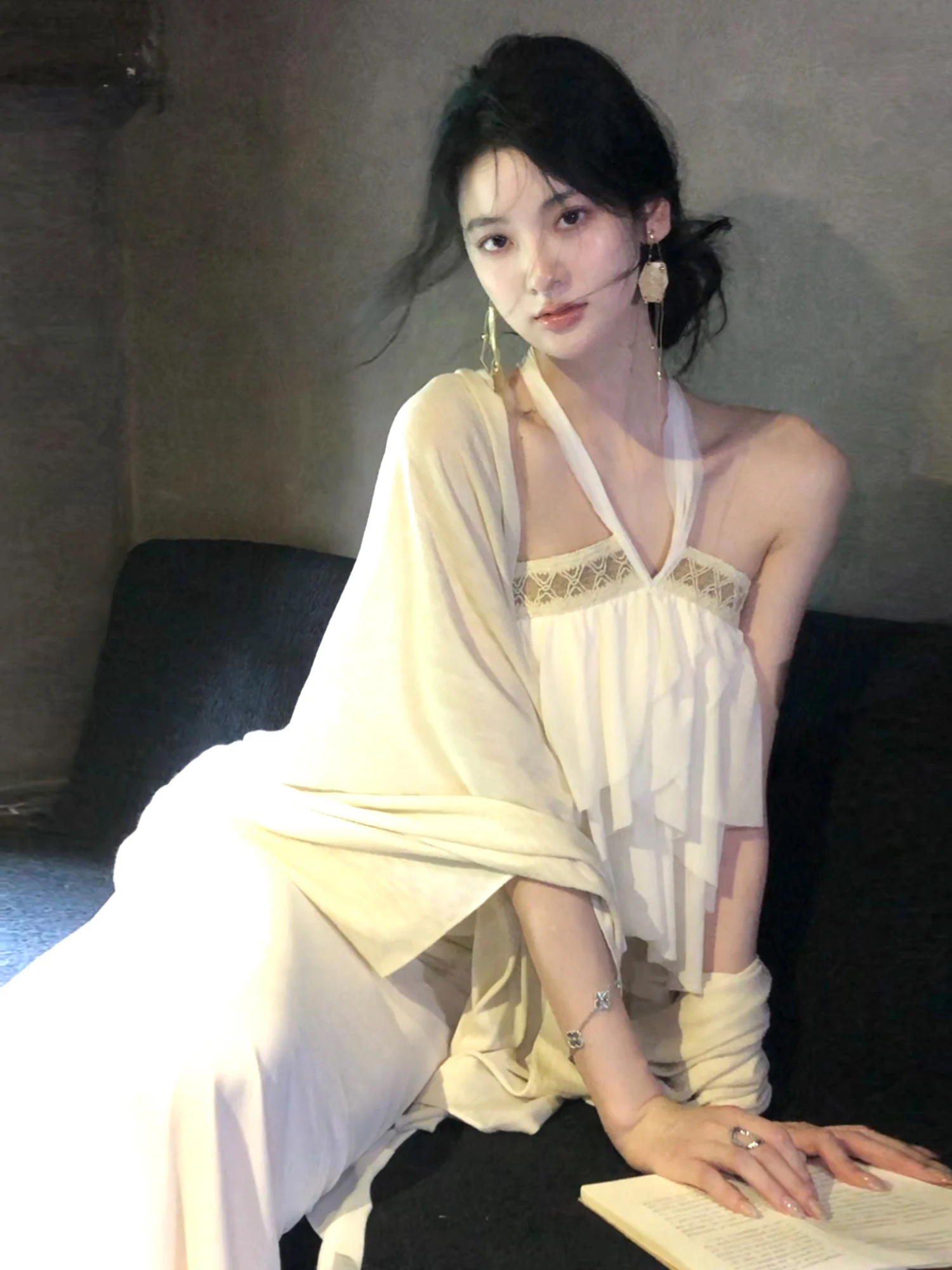 

Новый китайский открытый кардиган, женский модный комплект с кружевным подолом, висящий Ne Top Fi Tail f, комплект из футболки