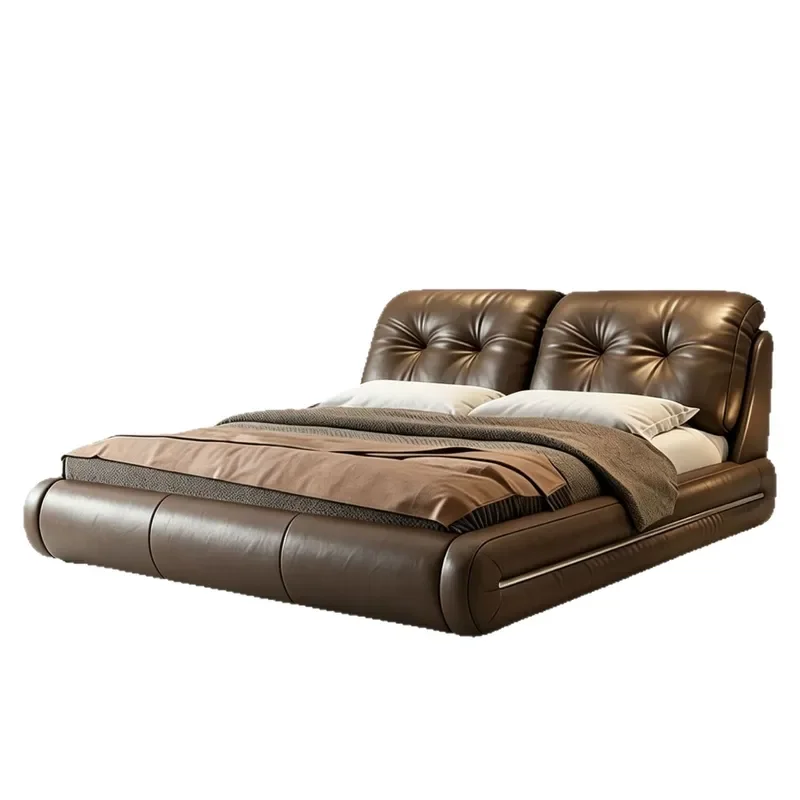 Modern Italian Style Genuine Leather Double Bed with Tufted High Headboard Soft Upholstered Frame for Master Bedroom