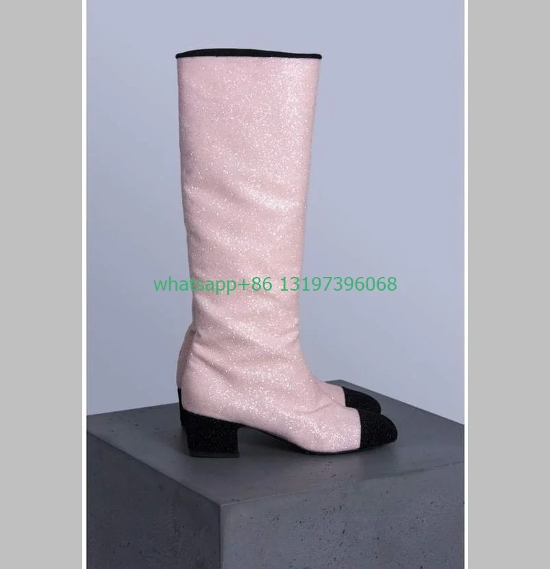 Lady pink glitter sequins bling calf boots chunky heel elegant slip-on boots new arrive runway boots causal size 35-46 footwear