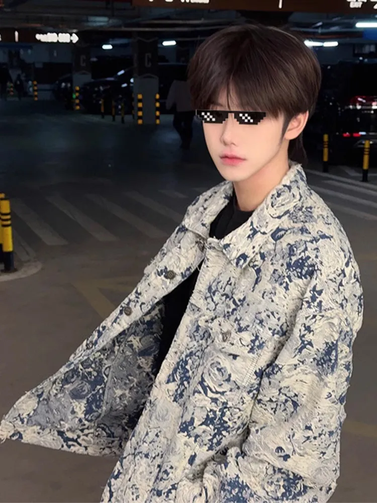 Vintage Heavy Duty Men's Embroidered Denim Jacket Casual Style Long Sleeve Shoulder Appropriate Jeans Jacket for Spring Autumn