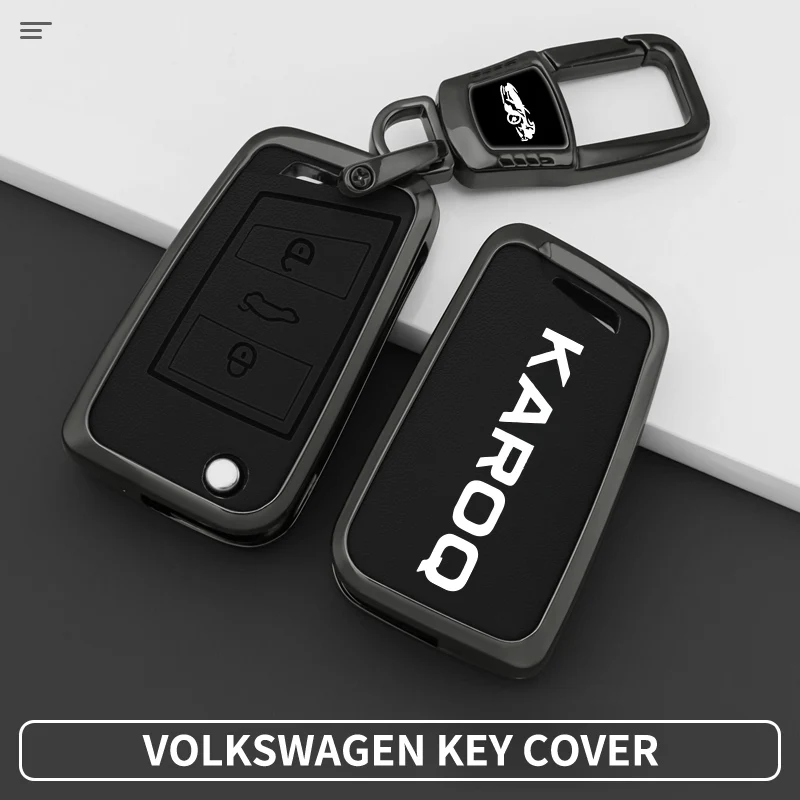 3 Button Car Key Cover for Skoda Karoq, Rounded Rectangle Fold Shell, Zinc Alloy Leather Key Fob Protective Case with Keychain