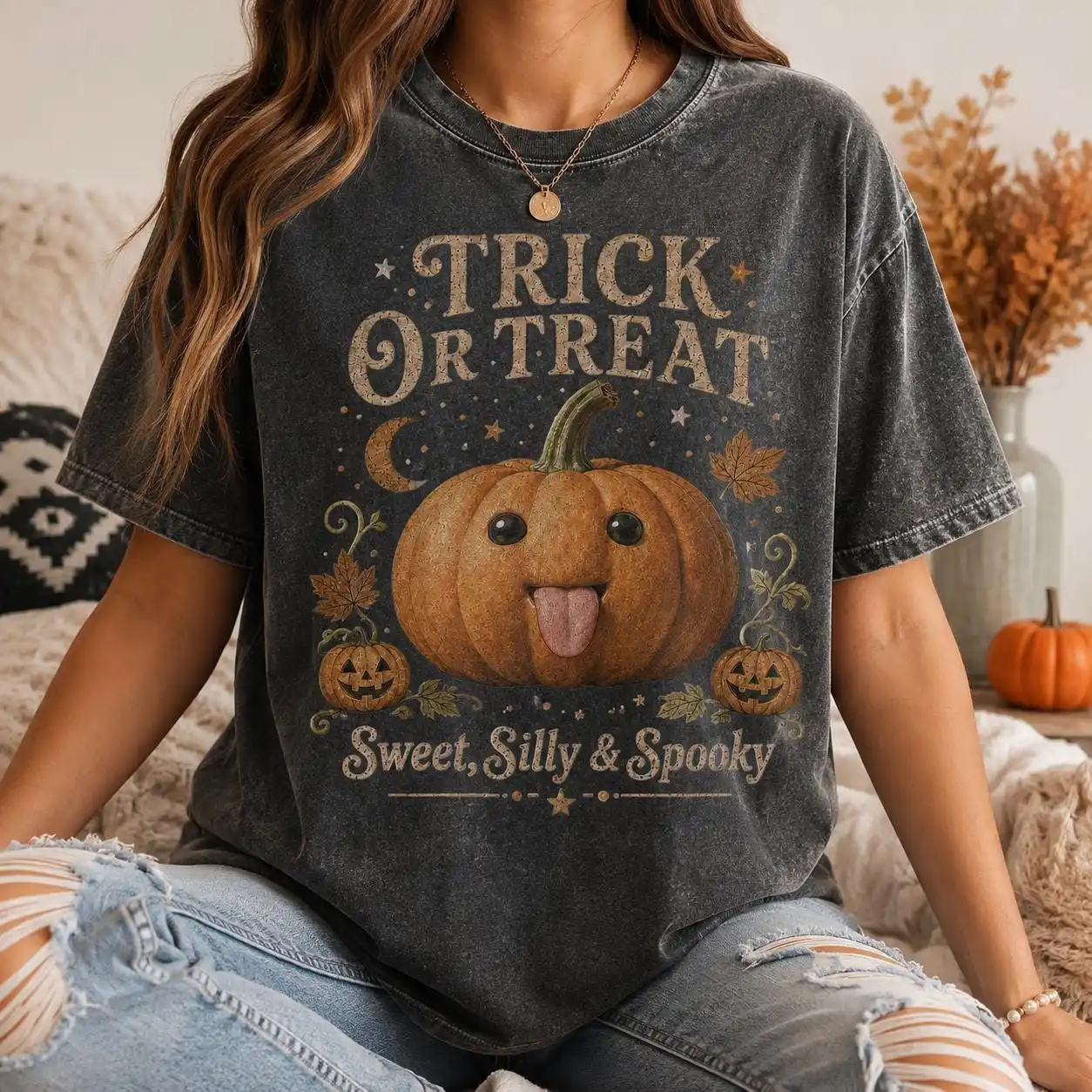 Vintage Washed Halloween Pumpkin T-Shirt, Retro Trick Or Treat Top