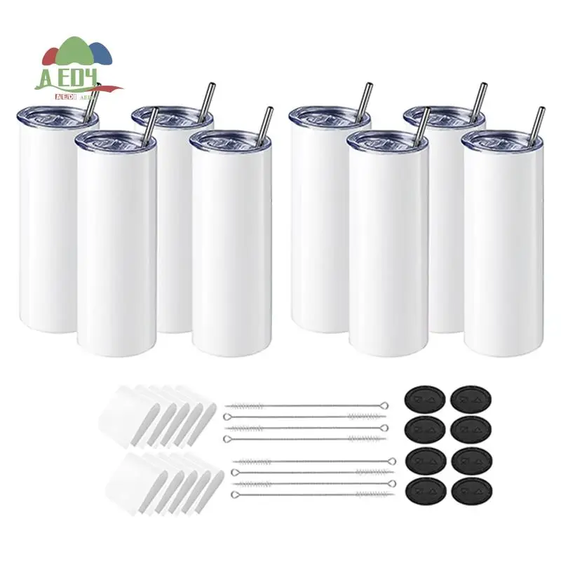 

AED4-8Pack Blank Stainless Steel Tumblers 20Oz Straight Skinny With Sublimation Papers, Lids And Straws For Tumbler Press Machin