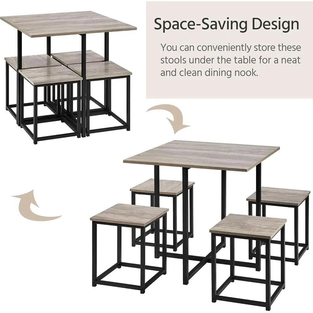 Industrial square table with four backless stools stored underneath