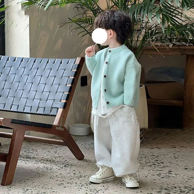 

Children's clothing boys' spring outfit set blue knitted cardigan+casual pants 2-piece set