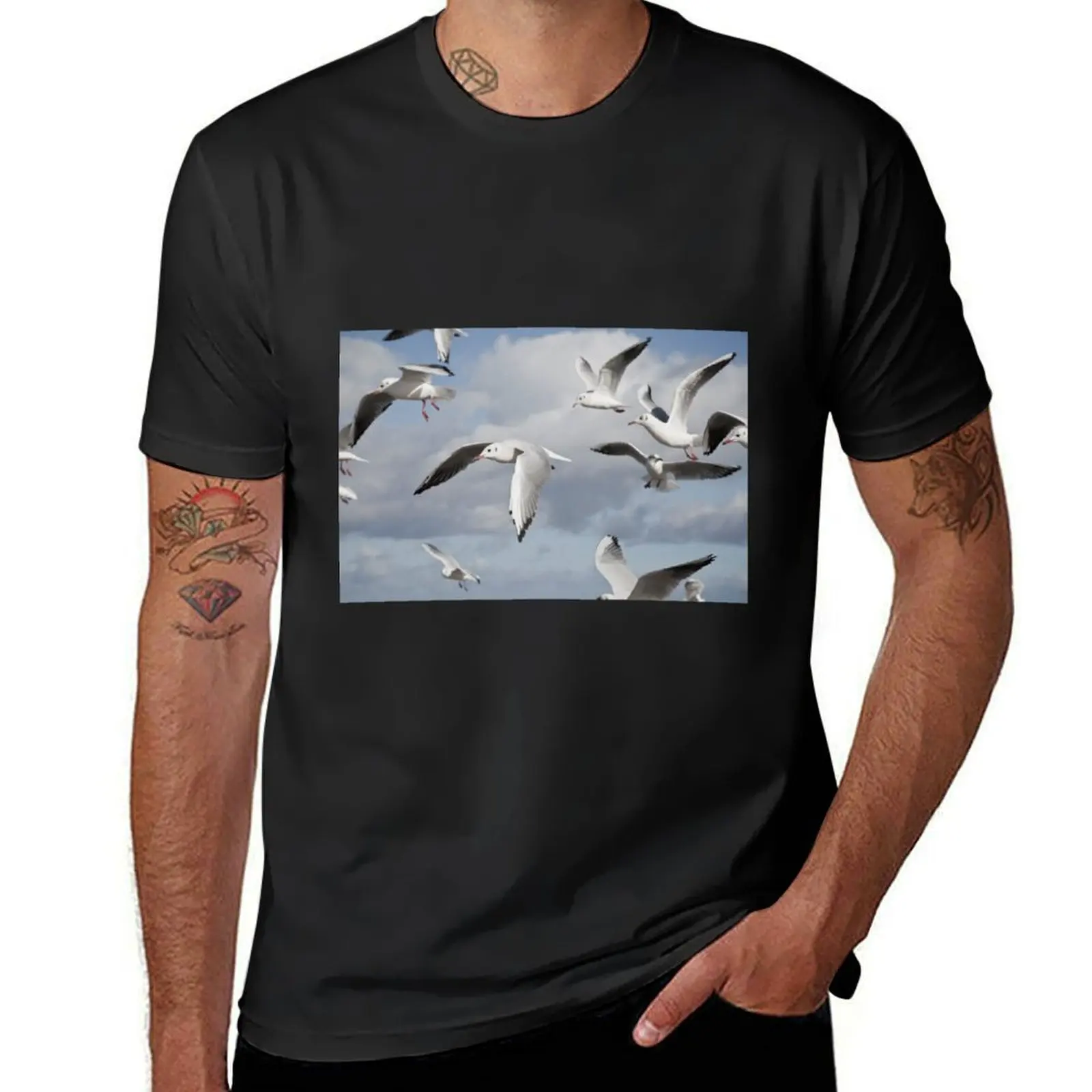 Flying Seagulls T-Shirt oversizeds tops Aesthetic clothing heavy weight t shirts for men